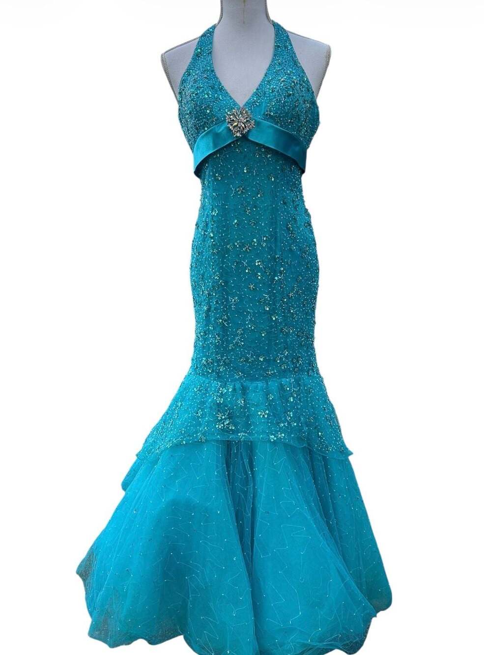 Vintage Beaded Halter Mermaid Prom Dress Teal Size 4